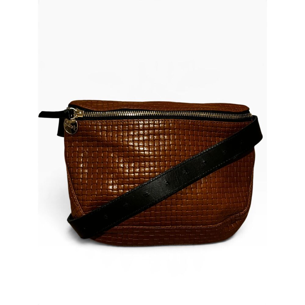 Clare V. Fanny Pack Tan Neptune Woven Leather Belt Bag Crossbody Plaid Lined
